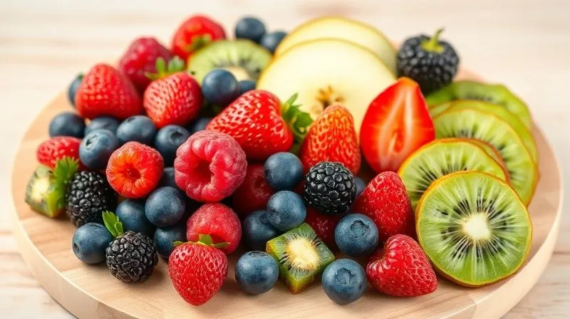 A vibrant, photorealistic still life of various fresh, colorful berries (raspberries, blueberries, strawberries, blackberries) and slices of green apples and kiwi, arranged artistically on a light wooden board. Sharp focus on the fruits, with soft, natural lighting. 8K, high-end DSLR, conveying freshness and health.