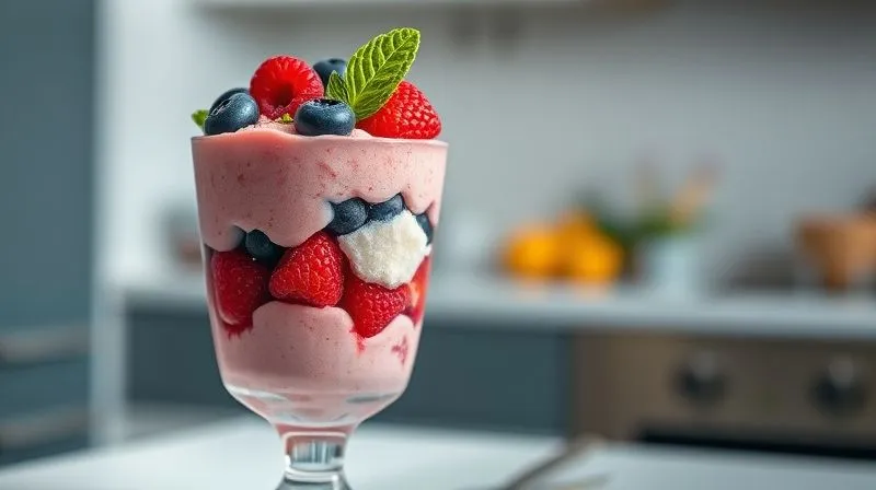 A beautifully plated, photorealistic dessert. A tall glass filled with a vibrant, layered fruit mousse, topped with fresh raspberries, blueberries, and a delicate mint leaf. The background is a soft, out-of-focus modern kitchen. Cinematic lighting, sharp focus on the dessert, 8K hyper-detailed, shot on a high-end DSLR, emphasizing freshness and healthy indulgence.