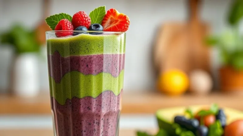 photorealistic, professional photography, 8K, cinematic lighting, sharp focus, depth of field, shot on a high-end DSLR. A vibrant, layered smoothie in a clear glass, showing distinct layers of green (from spinach/kale) and purple (from berries), with a few fresh berries and a slice of avocado on top. The background is softly blurred, suggesting a healthy kitchen environment. The image evokes freshness and nutrient richness.