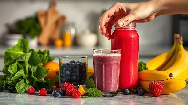photorealistic, professional photography, 8K, cinematic lighting, sharp focus, depth of field, shot on a high-end DSLR. A kitchen counter with various smoothie ingredients, some healthy (spinach, berries, protein powder) and some less ideal for a diet (a large banana, a bottle of sugary fruit juice). A hand is reaching for the sugary juice, casting a shadow of doubt. The scene highlights common mistakes in a subtle yet clear way.