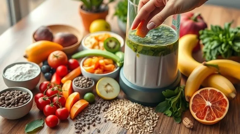 photorealistic, professional photography, 8K, cinematic lighting, sharp focus, depth of field, shot on a high-end DSLR. A diverse array of fresh, colorful fruits, vegetables, seeds, and protein powders artfully arranged on a wooden table, suggesting endless possibilities for custom smoothie creation. A hand is gently placing a different ingredient into a blender, emphasizing personalization. The scene is bright and inviting.
