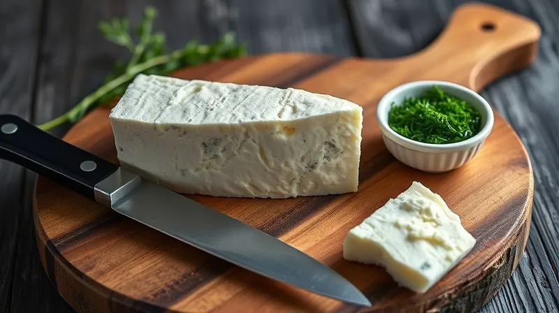Photorealistic image of a block of lean cottage cheese on a wooden board, with a knife and a small bowl of fresh dill next to it, cinematic lighting, sharp focus, 8K, shot on a high-end DSLR.