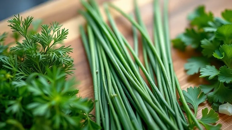 Photorealistic close-up of fresh green herbs like dill, chives, and parsley, artfully arranged on a wooden cutting board, with sharp focus and cinematic lighting, 8K.