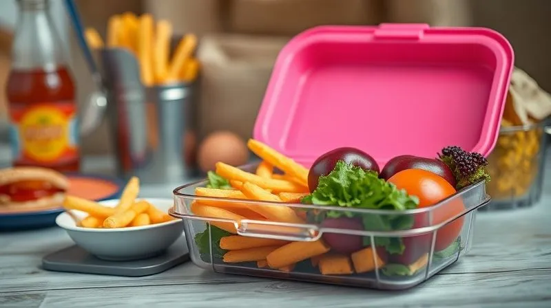 A professional photography shot of a well-organized, vibrant lunchbox filled with healthy food, contrasting with a messy, unhealthy fast-food meal in the background, cinematic lighting, sharp focus on the lunchbox, 8K, depth of field.