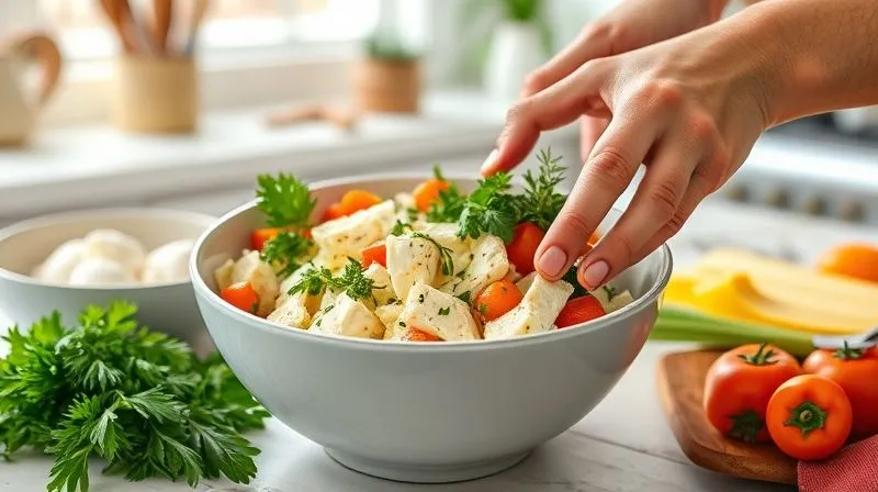 Photorealistic image of hands gently mixing a bowl of cottage cheese with fresh herbs and colorful vegetables, in a clean, modern kitchen, natural light, 8K, sharp focus, depth of field.