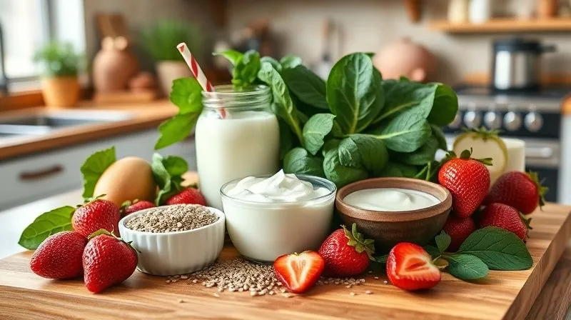 A photorealistic image of various fresh, colorful ingredients for a healthy smoothie laid out aesthetically on a wooden cutting board in a well-lit kitchen, including ripe strawberries, spinach, Greek yogurt, chia seeds, and almond milk. Cinematic lighting, sharp focus on the ingredients, depth of field blurring the background, 8K hyper-detailed, shot on a high-end DSLR.