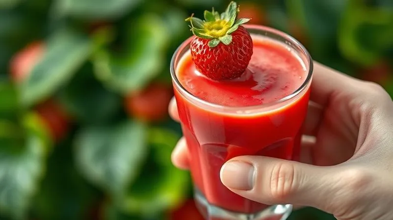 A photorealistic close-up of a hand holding a clear glass of a vibrant red strawberry smoothie, with a fresh strawberry floating on top and a healthy green leafy background, suggesting vitality and natural goodness. Cinematic lighting, sharp focus on the smoothie glass, depth of field blurring the background, 8K hyper-detailed, shot on a high-end DSLR.