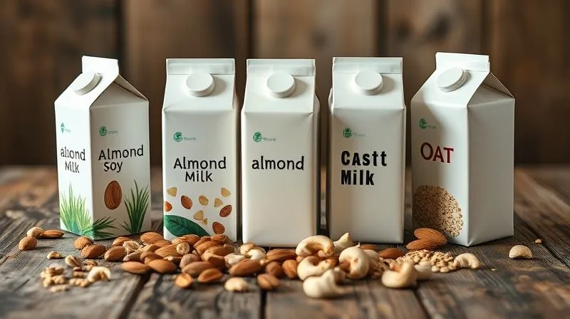 A photorealistic image of various plant-based milk cartons (soy, almond, cashew, oat) neatly arranged on a rustic wooden table, with fresh soybeans, almonds, and cashews scattered around. Cinematic lighting highlights the textures, sharp focus on the milk cartons, depth of field blurring the background. 8K hyper-detailed, professional photography, shot on a high-end DSLR.