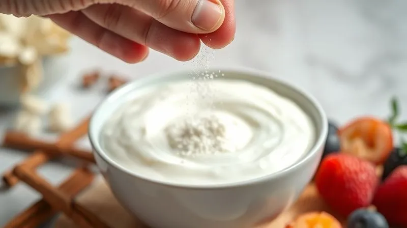 A photorealistic close-up of a hand gently sprinkling a natural sweetener (like erythritol or stevia powder) over a bowl of creamy vegan yogurt. In the background, out of focus, are fresh vanilla pods, cinnamon sticks, and a variety of colorful berries, suggesting natural flavorings. Cinematic lighting, sharp focus on the hand and sweetener, depth of field, 8K hyper-detailed, professional photography, shot on a high-end DSLR.