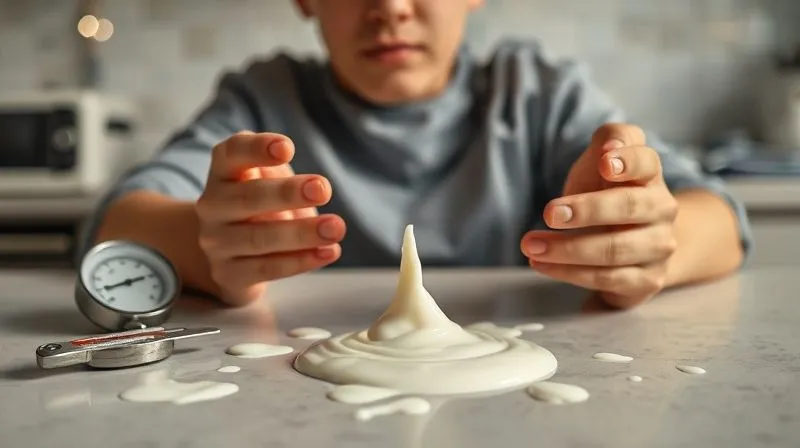 A photorealistic image of a kitchen counter with spilled vegan yogurt, a broken thermometer, and a confused expression on a person's face (only hands and part of the face visible), symbolizing common mistakes in yogurt making. Cinematic lighting, sharp focus on the spilled yogurt, depth of field. 8K hyper-detailed, professional photography, shot on a high-end DSLR.