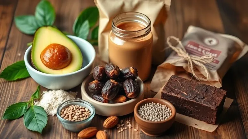 A vibrant, photorealistic flat lay of healthy vegan brownie ingredients: a bowl of ripe avocado, a jar of date paste, a bag of almond flour, a block of dark cocoa mass, and a small bowl of flax seeds. Cinematic lighting, sharp focus on ingredients, depth of field blurring the wooden background. Professional photography, 8K, shot on a high-end DSLR.