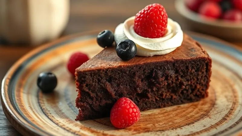 A close-up, photorealistic shot of a slice of vegan low-calorie brownie on a rustic plate, topped with a swirl of coconut cream and fresh berries. The brownie has a rich, fudgy texture. Soft, natural light highlights the details. Professional photography, 8K, cinematic lighting, sharp focus, depth of field. Shot on a high-end DSLR, emphasizing gourmet appeal and healthy indulgence.