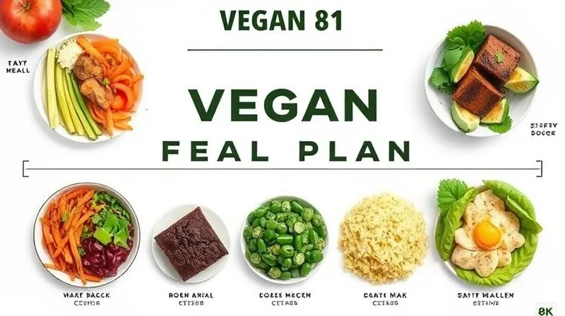 A stylized, photorealistic infographic showing a balanced vegan meal plan for a day, with a small, healthy dessert (like a brownie) integrated as a treat. The image should be clean, modern, with fresh ingredients and clear visual separation of meals. Professional photography, 8K, cinematic lighting, sharp focus. Shot on a high-end DSLR, visually appealing and informative.