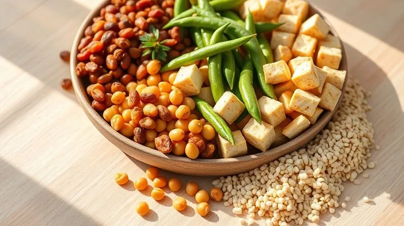 A photorealistic image of a vibrant bowl of various plant-based protein sources (cooked lentils, roasted chickpeas, cubed firm tofu, shelled edamame, and cooked quinoa grains) artfully arranged on a light wooden background, with soft natural lighting, sharp focus on the ingredients, depth of field blurring the background. Professional photography, 8K hyper-detailed.