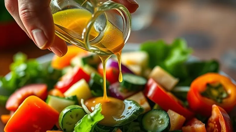 A close-up, photorealistic image of a hand carefully pouring a controlled amount of a light, vibrant vinaigrette dressing from a small glass bottle onto a fresh, colorful vegan weight-loss salad, emphasizing healthy portioning and mindful eating. Cinematic lighting, sharp focus on the dressing and salad, depth of field blurring the background. Professional photography, 8K hyper-detailed.