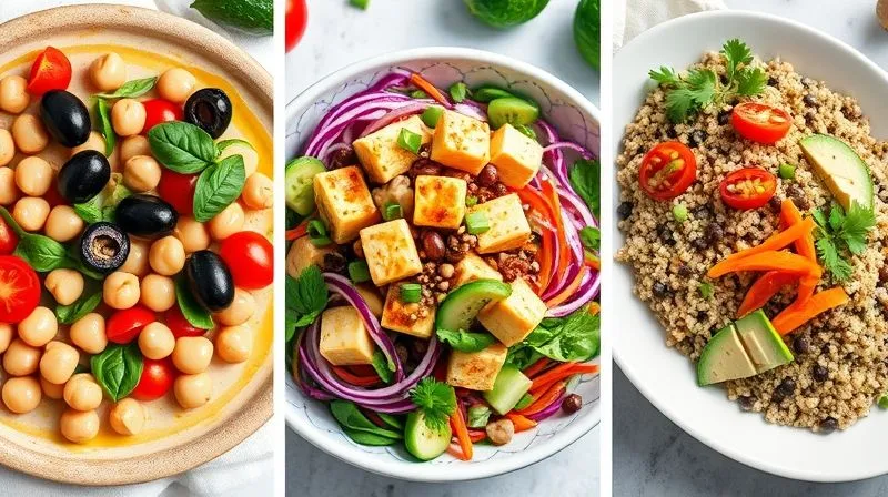 A collage-style photorealistic image showcasing three distinct, beautifully plated vegan weight-loss salads: one Mediterranean with chickpeas and olives, one Asian with crispy tofu and edamame, and one classic with quinoa and black beans. Each salad is vibrant, fresh, and professionally arranged, highlighting variety, appeal, and the concept of a balanced, satisfying meal. Cinematic lighting, sharp focus on the ingredients, 8K hyper-detailed.