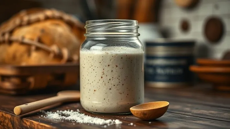 photorealistic, professional photography, 8K, cinematic lighting, sharp focus, depth of field shot on a high-end DSLR of a bubbling rye sourdough starter in a glass jar, with a wooden spoon next to it, on a rustic kitchen counter, representing natural fermentation and vitality.