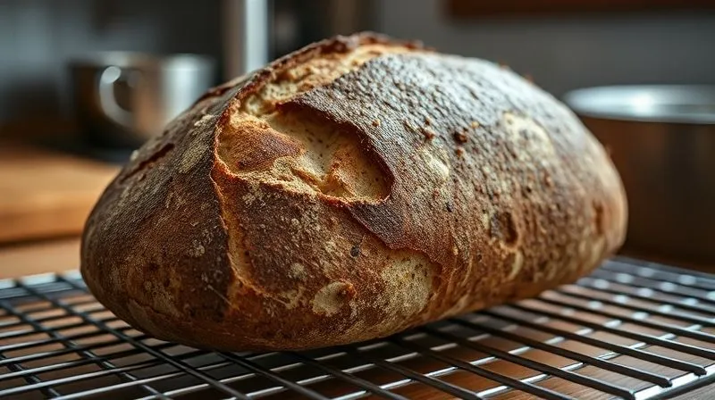 photorealistic, professional photography, 8K, cinematic lighting, sharp focus, depth of field shot on a high-end DSLR of a freshly baked, dark rye sourdough bread, glistening with a golden crust, cooling on a wire rack in a warm, inviting kitchen, emphasizing the artisanal process and healthy outcome.
