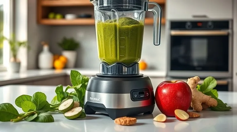 Photorealistic, professional photography, 8K, cinematic lighting, sharp focus, depth of field, shot on a high-end DSLR. A high-speed blender in action, spinning a vibrant green smoothie. Fresh ingredients like spinach, apple, and ginger are artistically scattered around the base of the blender on a clean, modern kitchen counter. Soft, natural light illuminates the scene, highlighting the texture and freshness of the ingredients. The image conveys energy, health, and the ease of preparation.