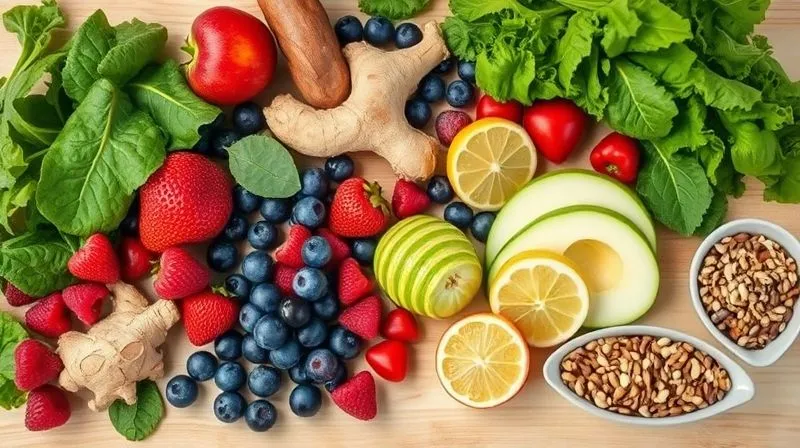Photorealistic, professional photography, 8K, cinematic lighting, sharp focus, depth of field, shot on a high-end DSLR. A vibrant, diverse array of fresh, colorful smoothie ingredients laid out on a light wooden table: spinach, kale, various berries, slices of green apple, avocado, ginger, lemon, and different seeds in small bowls. The composition is aesthetically pleasing and organized, suggesting choice and customization. Soft, diffused light highlights the textures and natural colors of the produce.