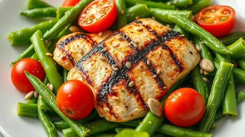 Photorealistic image of a vibrant green bean salad with grilled chicken breast, cherry tomatoes, and a sprinkle of sesame seeds, drizzled with olive oil, on a white plate, cinematic lighting.