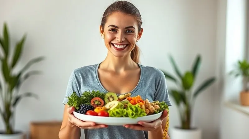 Photorealistic image of a woman smiling confidently while holding a plate of healthy food, with a measuring tape loosely around her waist in the background, soft natural light, depth of field.