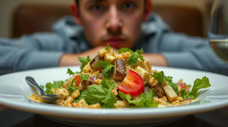 photorealistic, professional photography, 8K, cinematic lighting, sharp focus, depth of field, shot on a high-end DSLR, of a half-eaten, uninspiring, very lean salad, looking rather sad and lonely on a white plate, with a person in the background looking slightly disheartened and still hungry, emphasizing the lack of satisfaction. The light is dim, suggesting disappointment.