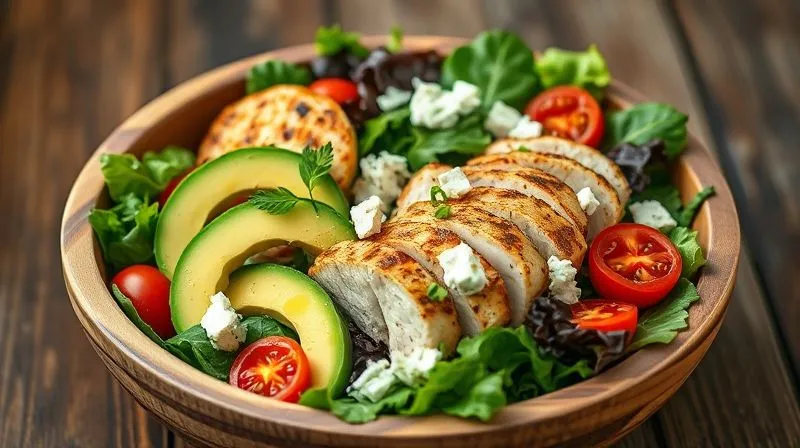 photorealistic, professional photography, 8K, cinematic lighting, sharp focus, depth of field, shot on a high-end DSLR, of a beautifully arranged, colorful low-carb protein salad in a rustic wooden bowl, with distinct layers of grilled chicken, vibrant mixed greens, sliced avocado, cherry tomatoes, crumbled feta, and a drizzle of olive oil. The composition should highlight freshness, abundance, and the appetizing textures of each ingredient, creating a sense of a satisfying and wholesome meal.