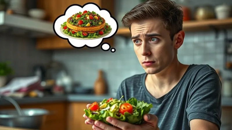photorealistic, professional photography, 8K, cinematic lighting, sharp focus, depth of field, shot on a high-end DSLR, of a person looking confused and frustrated at a small, unappetizing salad, with a thought bubble above their head showing a large, satisfying meal. The background is a messy kitchen, suggesting a struggle with healthy eating. The lighting is harsh, highlighting the person's distress.