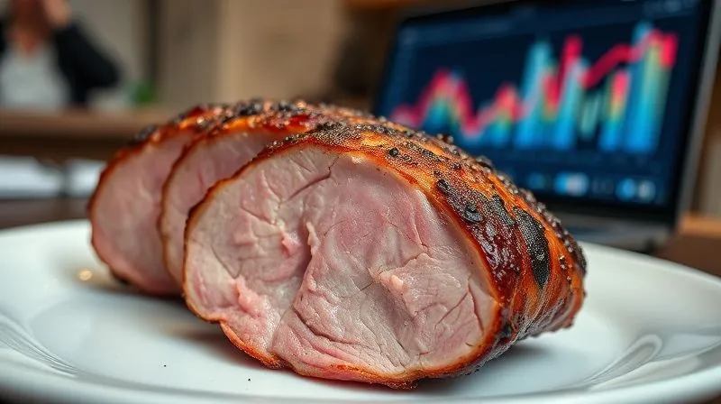 A close-up, photorealistic, professional photography, 8K, cinematic lighting, sharp focus, depth of field, shot on a high-end DSLR, of a perfectly cooked, lean pork loin slice, glistening with natural juices, on a clean, modern white plate. In the blurred background, a subtle glow of a laptop screen displaying abstract data graphs, suggesting a busy professional environment. The image should convey vitality and healthy energy.