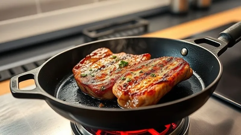 A high-angle, photorealistic, professional photography, 8K, cinematic lighting, sharp focus, depth of field, shot on a high-end DSLR, of a sizzling lean pork loin steak on a hot cast iron pan, surrounded by a light mist of steam and herbs. The background is a subtly blurred, modern kitchen counter, emphasizing speed and efficiency. The colors are warm and inviting, highlighting the deliciousness of a quick, healthy meal.