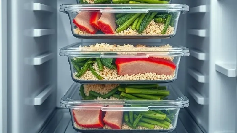 A photorealistic, professional photography, 8K, cinematic lighting, sharp focus, depth of field, shot on a high-end DSLR, of several transparent meal prep containers neatly stacked in a modern refrigerator. Each container holds a portion of lean pork loin, quinoa, and steamed green vegetables, clearly organized and ready to eat. The scene conveys efficiency, preparedness, and healthy living for a busy individual.