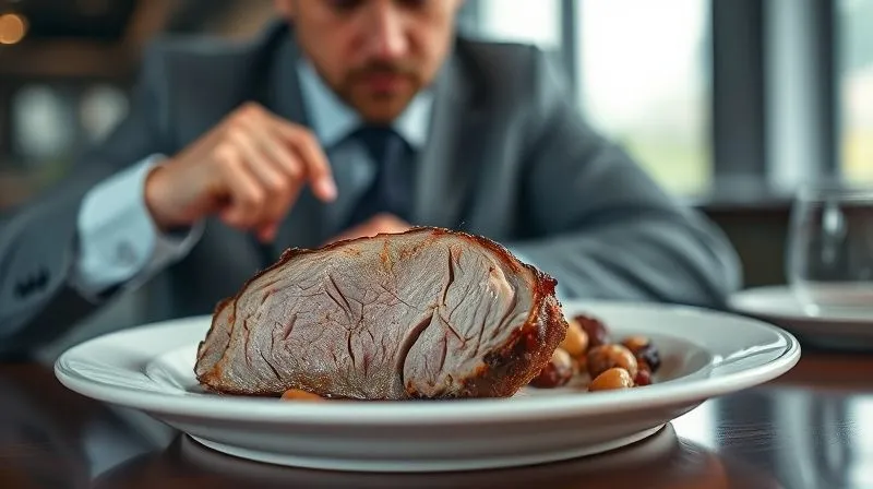 A photorealistic, professional photography, 8K, cinematic lighting, sharp focus, depth of field, shot on a high-end DSLR, of a slightly overcooked, dry slice of pork loin on a plate, looking unappetizing. In the blurred background, a stressed businessman glances at his watch, conveying the consequence of poor meal preparation due to time pressure. The image should evoke a sense of regret or inefficiency.