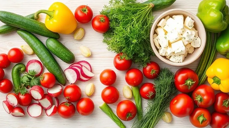 A vibrant flat lay of various fresh vegetables like radishes, cucumbers, bell peppers, tomatoes, and fresh herbs like dill and chives, alongside a bowl of cottage cheese, all on a light wooden background, photorealistic, professional photography, 8K, cinematic lighting, sharp focus, depth of field, shot on a high-end DSLR.
