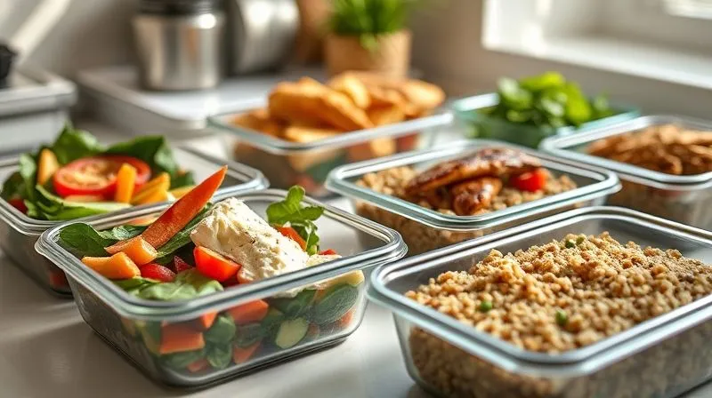 A well-organized meal prep scene with several containers, one prominently featuring cottage cheese with vegetables, alongside other healthy meals like grilled chicken and quinoa, all on a clean kitchen counter with natural light, photorealistic, professional photography, 8K, cinematic lighting, sharp focus, depth of field, shot on a high-end DSLR.