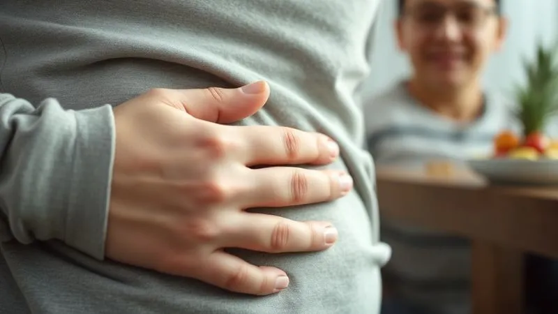 A close-up, photorealistic, professional photography, 8K, cinematic lighting, sharp focus, depth of field shot on a high-end DSLR, showing a person's hand gently touching their stomach, with a subtle, contented smile on their face in the background, out of focus. The scene conveys a feeling of lasting fullness and satisfaction after a healthy meal. The lighting is soft and warm, highlighting the sense of well-being.