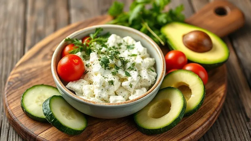 A vibrant, photorealistic, professional photography, 8K, cinematic lighting, sharp focus, depth of field shot on a high-end DSLR, showing a beautifully plated low-carb meal featuring lean cottage cheese. On a rustic wooden board, there's a bowl of creamy cottage cheese mixed with fresh green herbs and colorful cherry tomatoes, alongside crisp cucumber slices and a few perfectly ripe avocado slices. The scene is bright and inviting, emphasizing freshness and deliciousness. No text or logos.