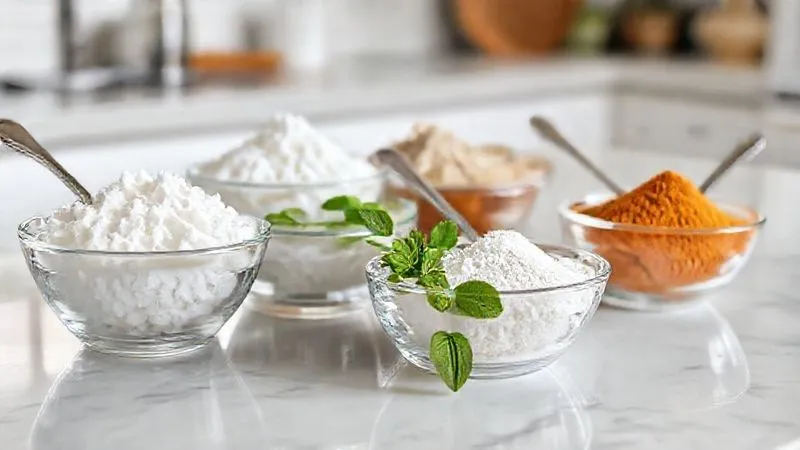 Photorealistic image of various natural sweeteners (erythritol, xylitol, stevia leaves, monk fruit powder) elegantly arranged in small bowls with measuring spoons, on a clean, bright kitchen counter. Soft natural light, sharp focus on the sweeteners, depth of field blurring the background. 8K, professional photography, shot on a high-end DSLR.