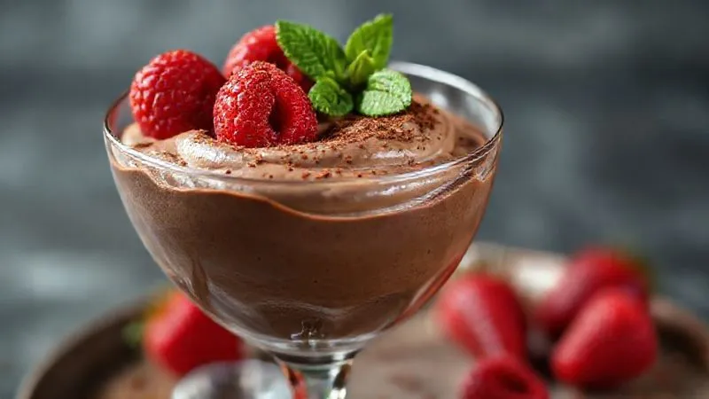 A close-up, photorealistic image of a beautifully presented, high-protein chocolate avocado mousse in an elegant glass, garnished with fresh raspberries and a sprinkle of cocoa powder. Cinematic lighting highlights the creamy texture. Sharp focus, depth of field, 8K, professional photography, shot on a high-end DSLR.