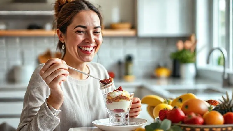 Photorealistic image of a person happily enjoying a small, elegant sugar-free dessert in a bright, modern kitchen, surrounded by fresh fruits and healthy ingredients. The person has a serene and satisfied expression, implying guilt-free indulgence. Soft, natural light, depth of field, 8K, professional photography, shot on a high-end DSLR.