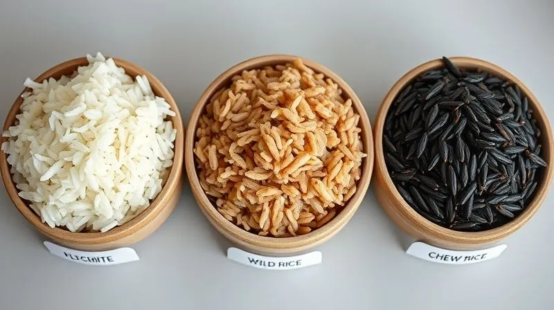 A photorealistic close-up of three small bowls side-by-side, each containing a different type of cooked rice: fluffy white rice, chewy brown rice, and dark wild rice, with labels indicating their names. Cinematic lighting, sharp focus, 8K, shot on a high-end DSLR.
