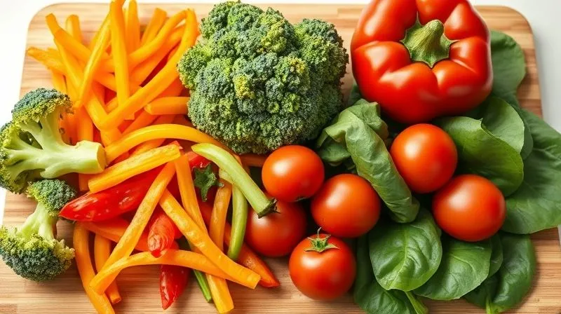 A vibrant, photorealistic still life of a variety of colorful, fresh vegetables suitable for a lunchbox, such as broccoli florets, bell pepper strips, cherry tomatoes, and spinach leaves, artfully arranged on a cutting board. Natural light, sharp focus, 8K, shot on a high-end DSLR.