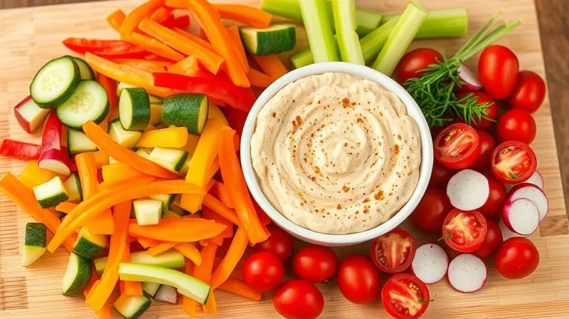 A professional, photorealistic image of a vibrant, colorful array of freshly chopped vegetables (cucumber sticks, red and yellow bell pepper strips, carrot sticks, cherry tomatoes, celery stalks, radishes) neatly arranged around a small bowl of creamy hummus on a light wooden cutting board. The scene is brightly lit with natural light, sharp focus on the vegetables, depth of field blurring the background. 8K hyper-detailed, shot on a high-end DSLR.