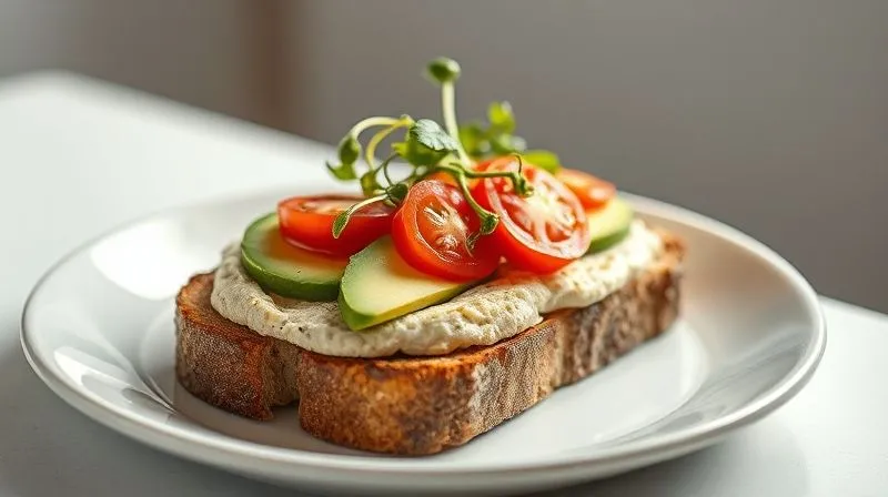 A professional, photorealistic image of a beautifully plated breakfast. A slice of toasted whole-grain bread topped with a generous layer of hummus, perfectly sliced avocado, and vibrant cherry tomato halves. Fresh sprouts or microgreens are artfully arranged on top. The plate is on a clean, light surface, with soft, natural lighting. Sharp focus on the toast, depth of field blurring a subtle background. 8K hyper-detailed, shot on a high-end DSLR.