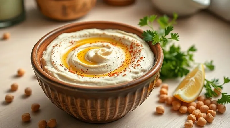 A professional, photorealistic image of a freshly made bowl of creamy hummus, garnished with a drizzle of olive oil, a sprinkle of smoked paprika, and fresh parsley. The hummus is in a rustic ceramic bowl on a light kitchen counter, surrounded by scattered chickpeas and a lemon wedge. Soft, natural light illuminates the scene, sharp focus on the hummus, depth of field blurring the background. 8K hyper-detailed, shot on a high-end DSLR.
