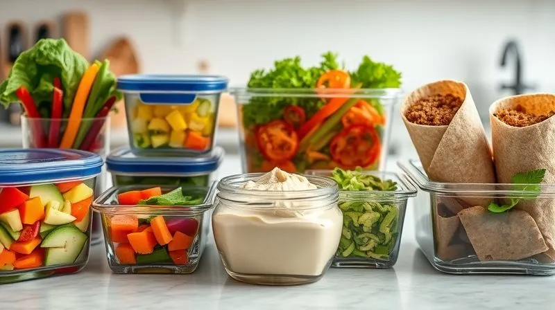 A professional, photorealistic image of a neatly organized meal prep station. Various clear glass containers are filled with different pre-chopped vegetables, a larger container holds homemade hummus, and another has whole-grain wraps. The scene is clean, well-lit, and conveys a sense of efficiency and healthy planning. Sharp focus on the food containers, depth of field blurring a kitchen background. 8K hyper-detailed, shot on a high-end DSLR.