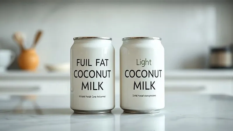 Professional photography of two cans of coconut milk on a minimalist kitchen counter. One can clearly labeled 'Full Fat Coconut Milk', the other 'Light Coconut Milk', with a subtle difference in their visual texture. Cinematic lighting, sharp focus on the labels, depth of field blurring the background, 8K hyper-detailed, shot on a high-end DSLR, emphasizing choice and clarity.