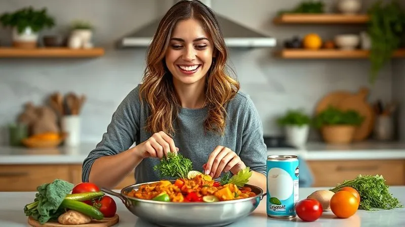 A professional, photorealistic image of a woman joyfully preparing a vibrant vegan curry with various fresh vegetables and a can of light coconut milk on a clean, modern kitchen counter. She is smiling, looking healthy and confident. Cinematic lighting, sharp focus on her hands and the ingredients, depth of field blurring the background, 8K hyper-detailed, shot on a high-end DSLR, conveying a sense of achievement and healthy living.