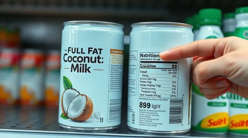 A close-up, photorealistic image of two different coconut milk cans on a supermarket shelf: one labeled "Full Fat Coconut Milk" and the other "Light Coconut Milk," with nutritional labels clearly visible and a hand pointing to the calorie count on the light version. Professional photography, 8K, cinematic lighting, sharp focus, depth of field.