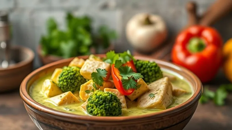 A vibrant, photorealistic vegan green curry dish served in a rustic bowl, with steam gently rising. The ingredients like tofu, broccoli florets, red bell pepper, and fresh cilantro are clearly visible, bathed in a creamy, light coconut milk sauce. Professional photography, 8K, cinematic lighting, sharp focus on the dish, depth of field blurring a minimalist kitchen background.